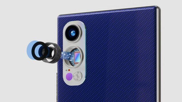 Smartphone with Dual Camera - Optic Elements and Sensor in Exploded View, Close Up Rotation, 3D Rendering