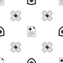 Set Life insurance, Patient record and Crossed bandage plaster on seamless pattern. Vector