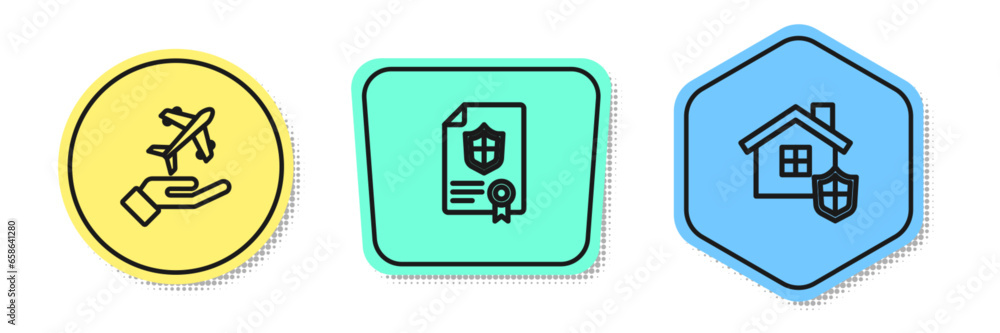 Poster set line plane in hand, contract with shield and house. colored shapes. vector