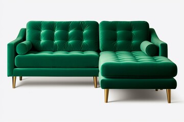 Isolated L-shaped green sofa couch on transparent background png. Generative AI
