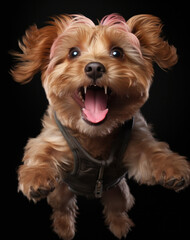 The cute dog is joyfully flying through the air, its funny expression, generative AI