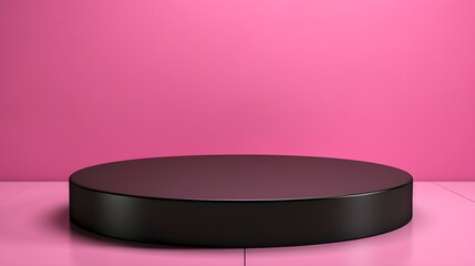 Round Stone Podium in front of a pink Studio Background. Black Pedestal for Product Presentation