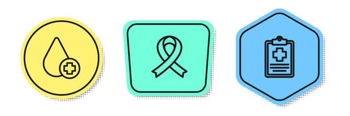 Set line Donate drop blood, Awareness ribbon and Patient record. Colored shapes. Vector