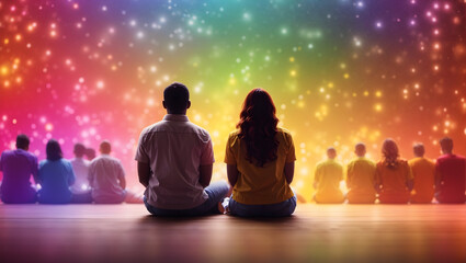 Group of people sitting together on rainbow background. Diversity concept. 