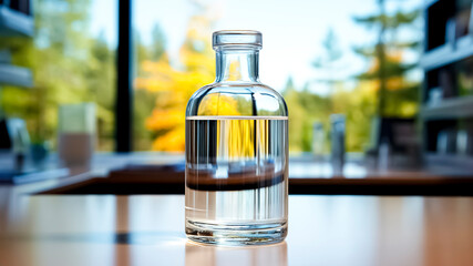 Glass bottle of water on a table in a living room with a window in the background.