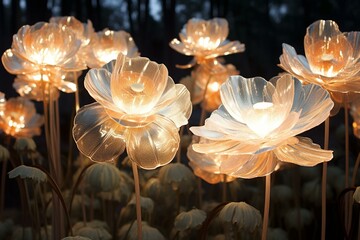 Flowers illuminated by sparkling bulbs. Cutting-edge. Generative AI