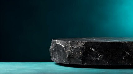 Round Stone Podium in front of a turquoise Studio Background. Black Pedestal for Product Presentation