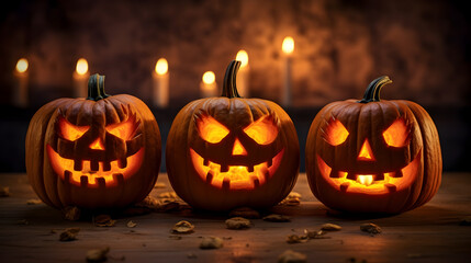 Halloween pumpkins on brown wooden background with candles