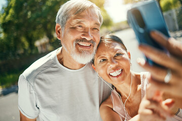 Selfie, fitness and senior couple in road after a running exercise for race or marathon training. Happy, sports and elderly man and woman taking a picture after a cardio workout in outdoor street. - obrazy, fototapety, plakaty