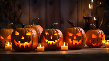 Halloween pumpkin head jack-o-lantern with scary evil faces and candles