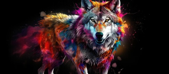 Painted colorful wolf animal, they show off in beautiful colors. isolated black background. Pattern for t-shirt printing, Generative AI