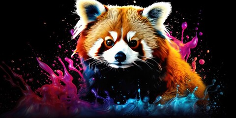 Painted colorful red panda animal, they show off in beautiful colors. isolated black background. Pattern for t-shirt printing, Generative AI
