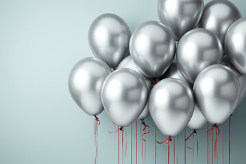 Silver metallic helium balloons on grey background in the studio