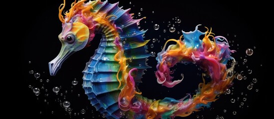 Painted colorful seahorse animal, they show off in beautiful colors. isolated black background. Pattern for t-shirt printing, Generative AI