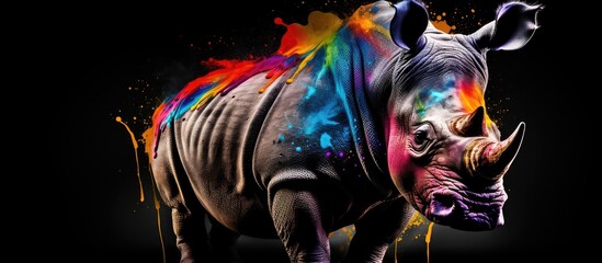 Painted colorful rhino animal, they show off in beautiful colors. isolated black background. Pattern for t-shirt printing, Generative AI