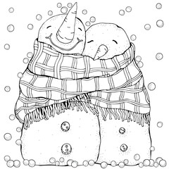 Cute Pair of Snowmen. Lovers. Love. Merry Christmas, Happy New Year. Pattern for adult coloring book. Black and white.