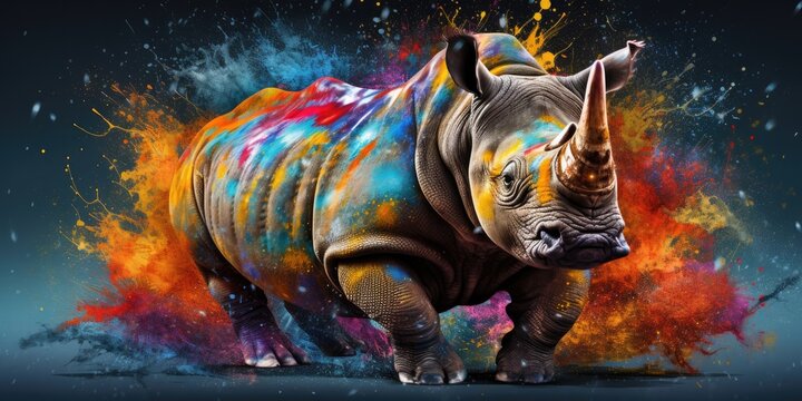 Painted colorful rhino animal, they show off in beautiful colors. isolated black background. Pattern for t-shirt printing, Generative AI