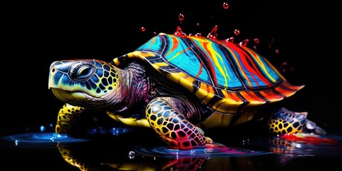 Painted colorful turtle animal, they show off in beautiful colors. isolated black background. Pattern for t-shirt printing, Generative AI
