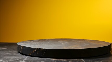Round Stone Podium in front of a yellow Studio Background. Black Pedestal for Product Presentation