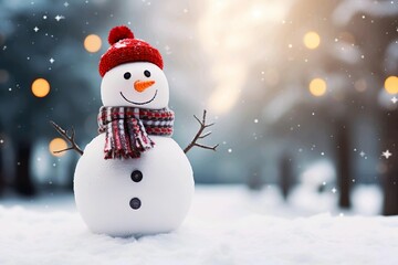 Schneemann ihn einer schönen Umgebung mit Freiraum für Text und Produkte 