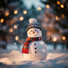 Schneemann ihn einer sch&ouml;nen Umgebung mit Freiraum f&uuml;r Text und Produkte 