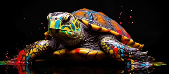 Painted colorful turtle animal, they show off in beautiful colors. isolated black background. Pattern for t-shirt printing, Generative AI