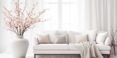 Modern living room interior in white color with blossom cherry branches in a vase.