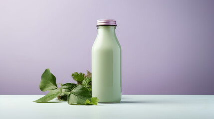 Bottle of green milk with mint leaves on white table and purple background