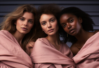 Top models of different races in pink outfits, showcasing modern fashion, Generative AI