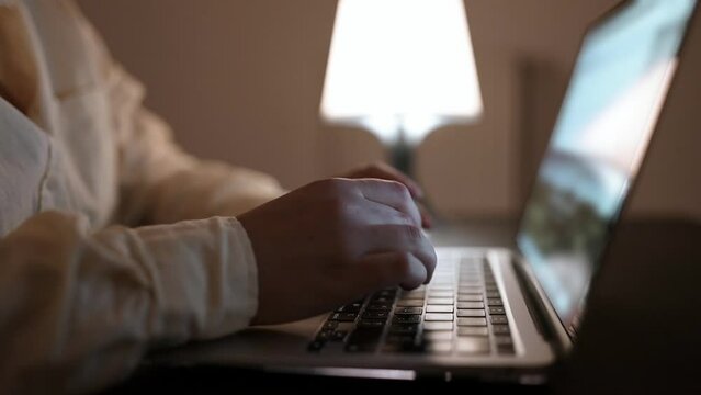 Female Hands Of Business Woman Professional User Worker Using Typing On Laptop Notebook Keyboard Sit In Cafe At Lunchtime, Working Online With Pc Software Apps Technology Concept, Close Up Side View