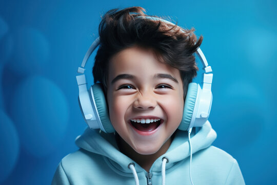 Cute little boy using headphones and smiling