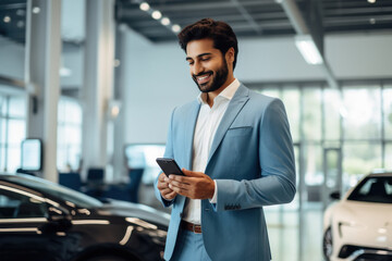 Naklejka premium Young and confident businessman or corporate employee using smartphone