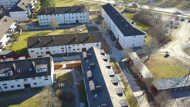 Apartment residential condos in Linkoping suburban area. Swedish condominiums as example of real estate development in European suburbs