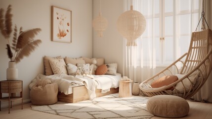 beige children's wigwam in the room on the floor Scandinavian style with decor - obrazy, fototapety, plakaty