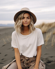 Beautiful Blonde Woman in a Blank Solid White T-Shirt Mockup at the Beach  - obrazy, fototapety, plakaty