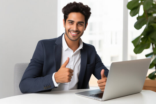 Young businessman showing thumps at office