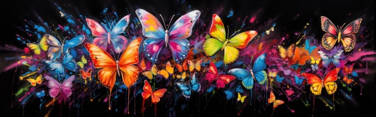 Painted colorful butterflys animal, they show off in beautiful colors. isolated black background. Pattern for t-shirt printing, Generative AI