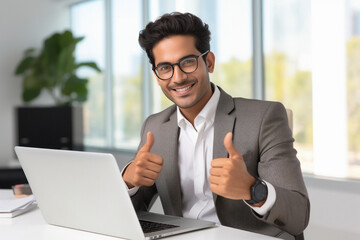 Young businessman showing thumps at office