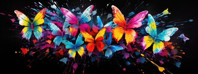 Painted colorful butterflys animal, they show off in beautiful colors. isolated black background. Pattern for t-shirt printing, Generative AI