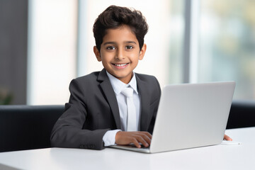 Cute indian little boy using laptop