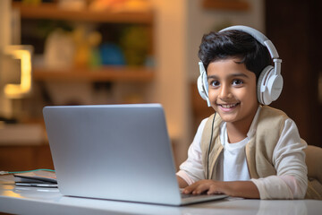 Indian little boy using laptop and headphones