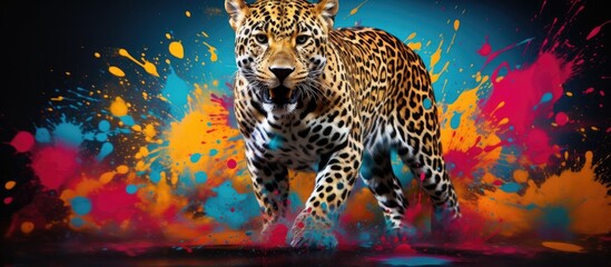 Painted colorful jaguar animal, they show off in beautiful colors. isolated black background. Pattern for t-shirt printing, Generative AI