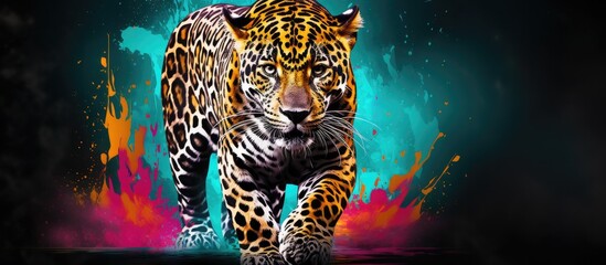 Painted colorful jaguar animal, they show off in beautiful colors. isolated black background. Pattern for t-shirt printing, Generative AI