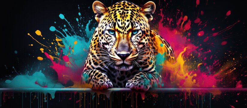 Painted colorful jaguar animal, they show off in beautiful colors. isolated black background. Pattern for t-shirt printing, Generative AI