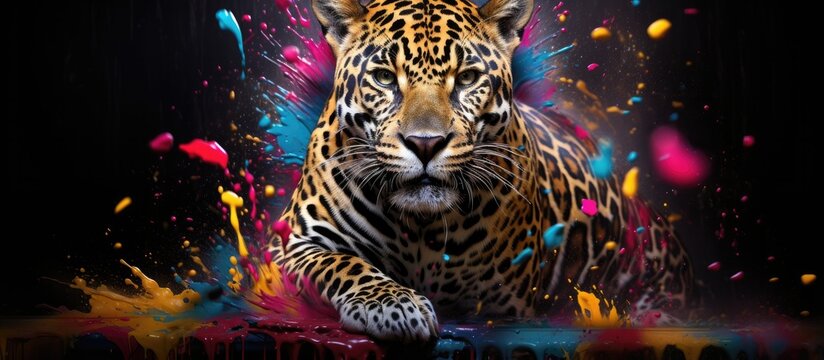 Painted colorful jaguar animal, they show off in beautiful colors. isolated black background. Pattern for t-shirt printing, Generative AI