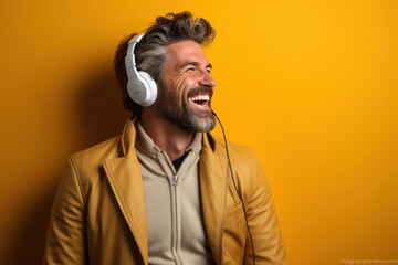 Beard man using headphones and laughing
