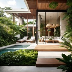 swimming pool behind the villa with a very beautiful  Vector illustration nature background - obrazy, fototapety, plakaty