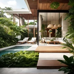 Papier Peint photo Lavable Bali swimming pool behind the villa with a very beautiful  Vector illustration nature background