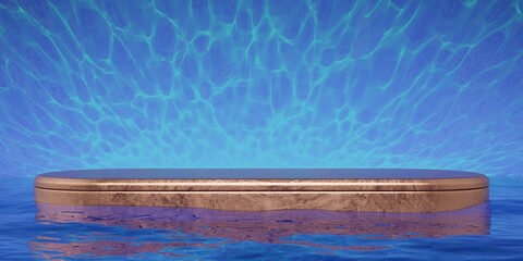 Azure water golden podium 3d render blue dark background