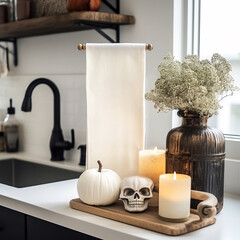 Solid White Blank Tea Towel Mockup Hanging in a Modern Kitchen Decorated for Halloween